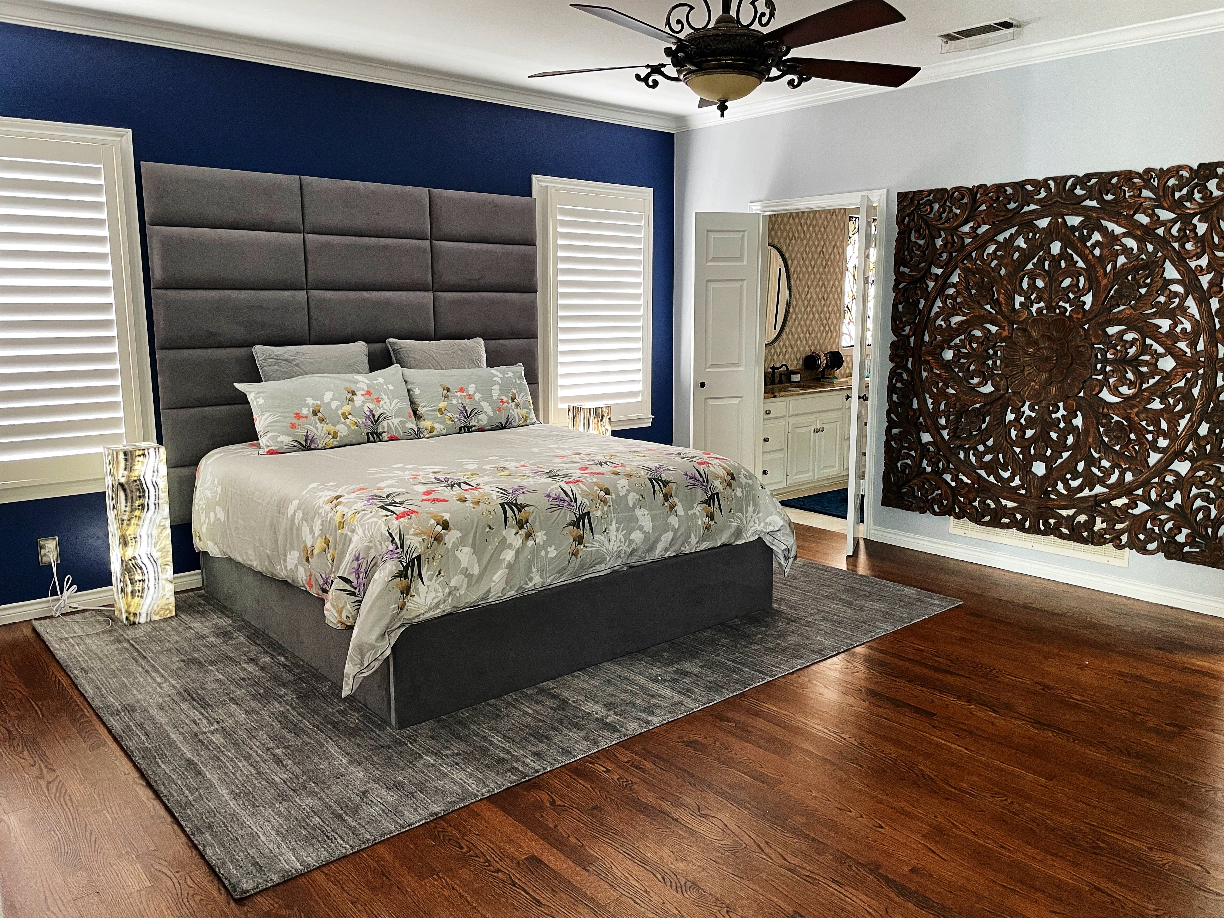 I LOVE my panels and the platform bed.  I got them in charcoal grey micro suede.  The color is perfect and the material no different than I would expect a high quality suede to be.  I added two extra rows to my layout for a higher headboard.  Although the Victoria layout is in the queen size section, it still looks great with a king size bed.  I was limited in width by two windows and the Victoria fits perfectly between them and still looks find with the king size platform bed which sits nicely centered with a few inches to spare on each side. of the headboard. 