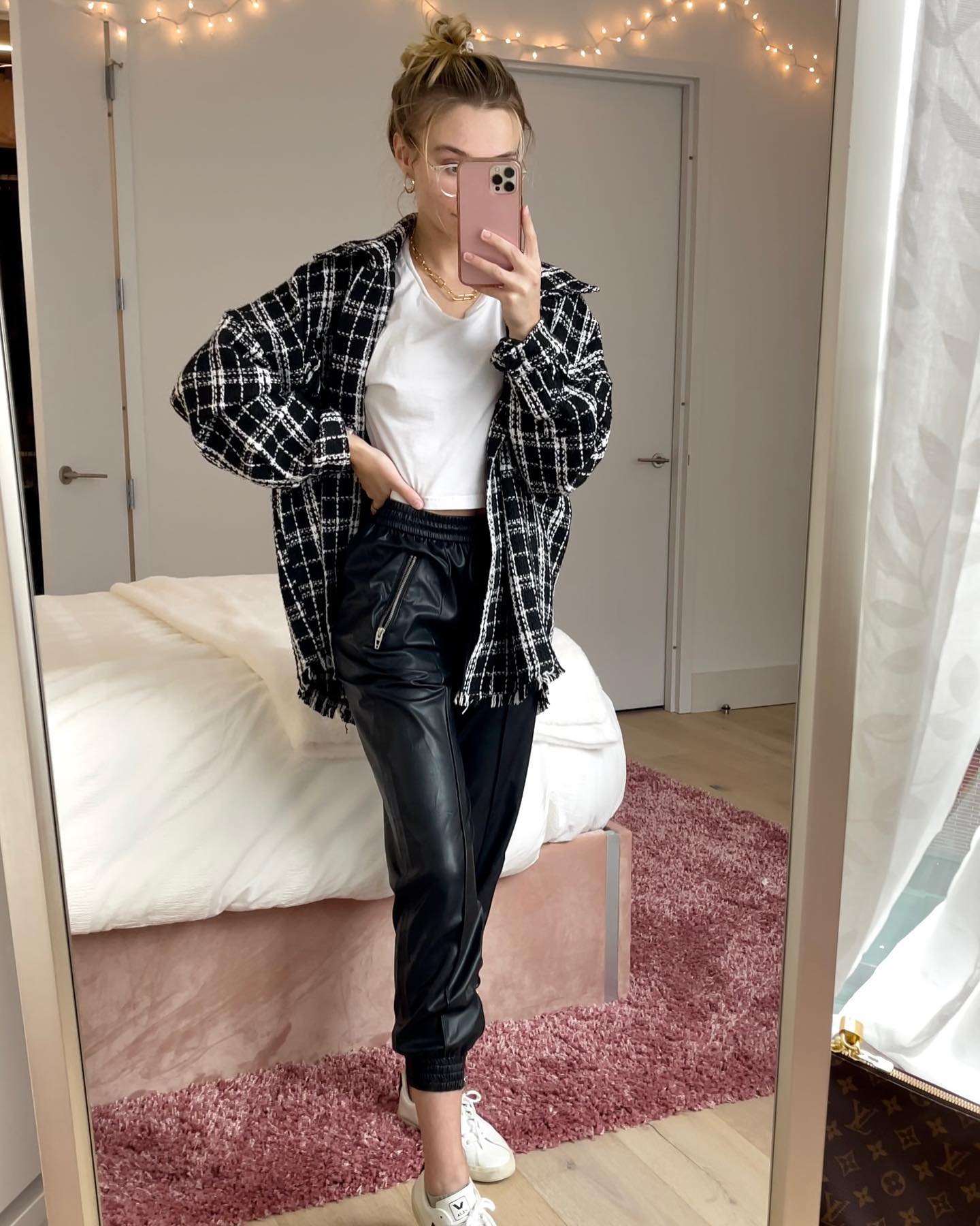 A quick mirror selfie of a favorite outfit of mine. Leather joggers, a tweed shacket, with a simple white cropped top and sneakers. Just an easy (lazy), classic and comfortable fall outfit for Monday 

#plaidshacket #leatherjoggers #vejasneakers #falloutfit #blackandwhite #goldjewelry #mirrorpic #mirrorselfie #liketkit #LTKstyletip #LTKunder100 #LTKSeasonal #LTKSale #LTKbacktoschool #LTKitbag #ltkhome #ltkfashion #ltk #ltkfall #ltkunder50 #styleblogger #ootd #newyorkfashion #nycoutfit #falloutfit #streetstyleoutfits #nycoutfits #newyorkbloggers #newyorkblogger #veja 
shop.ltk
http://liketk.it/3qyDk