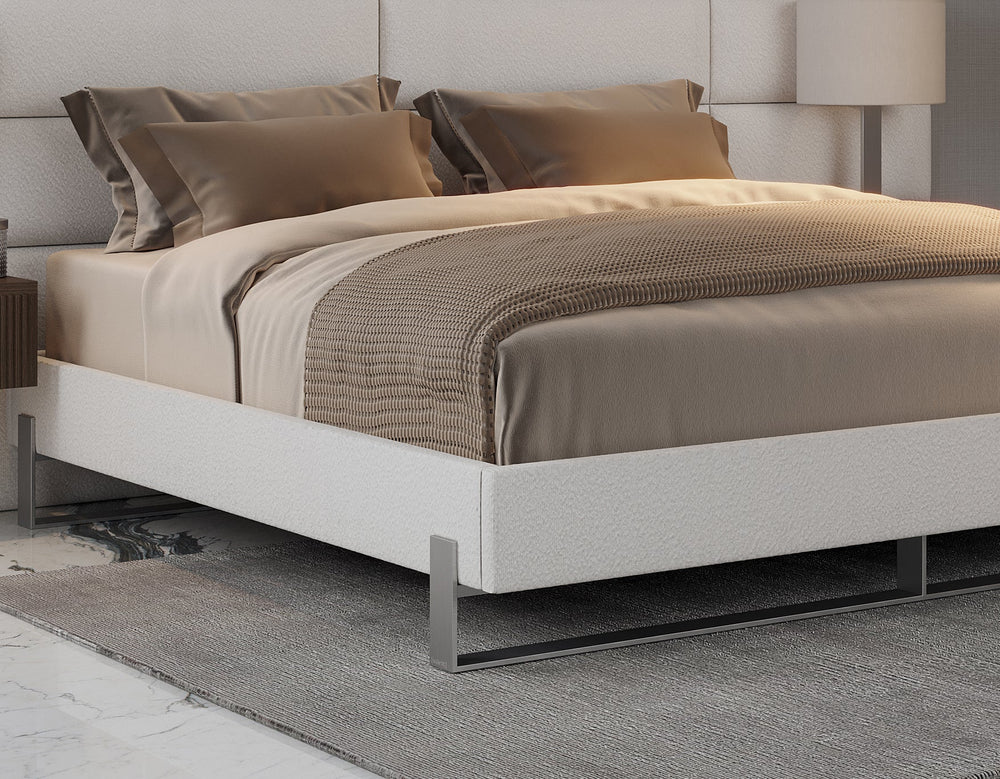 Boucle Ivory Vant Elevated Platform Bed Brushed Nickel - King Size 