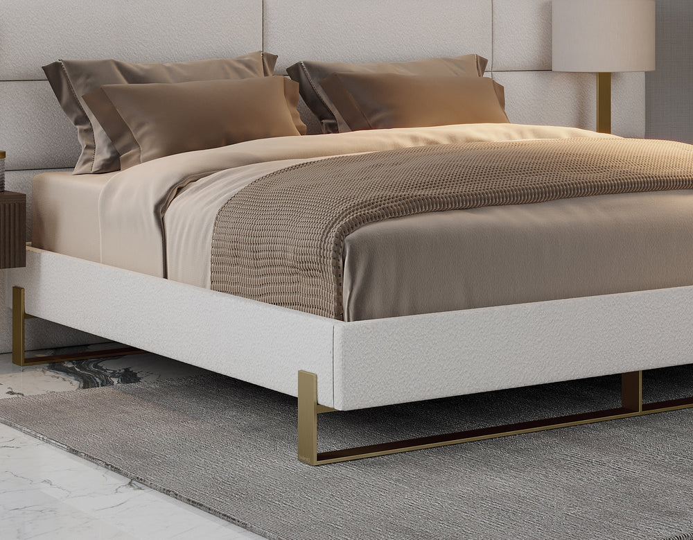 Boucle Ivory Vant Elevated Platform Bed Burnished Brass - California King Size 