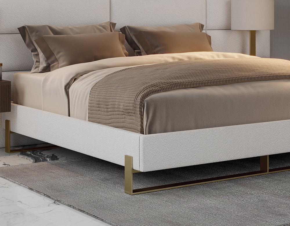 Boucle Ivory Vant Elevated Platform Bed Burnished Brass - Queen Size 