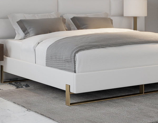 Vintage Leather White Dove Vant Elevated Platform Bed Burnished Brass -Full Size | VEL-LWH-FL-GL